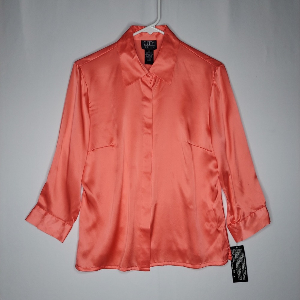 City Silk Button Top Womens Medium Orange-Pink Collar 3/4 Cuff Sleeve Stretch